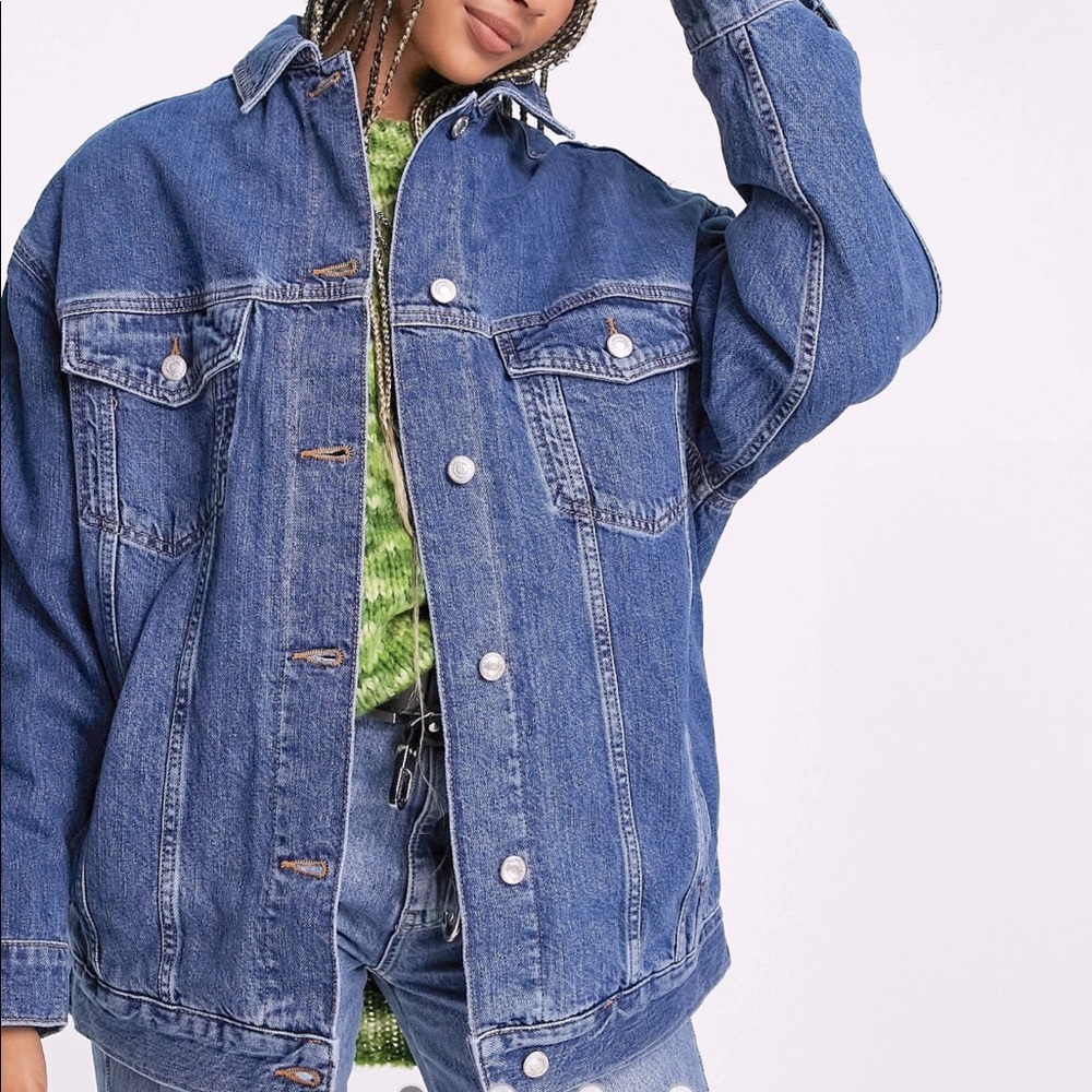 Topshop Dad recycled cotton denim jacket in mid blue